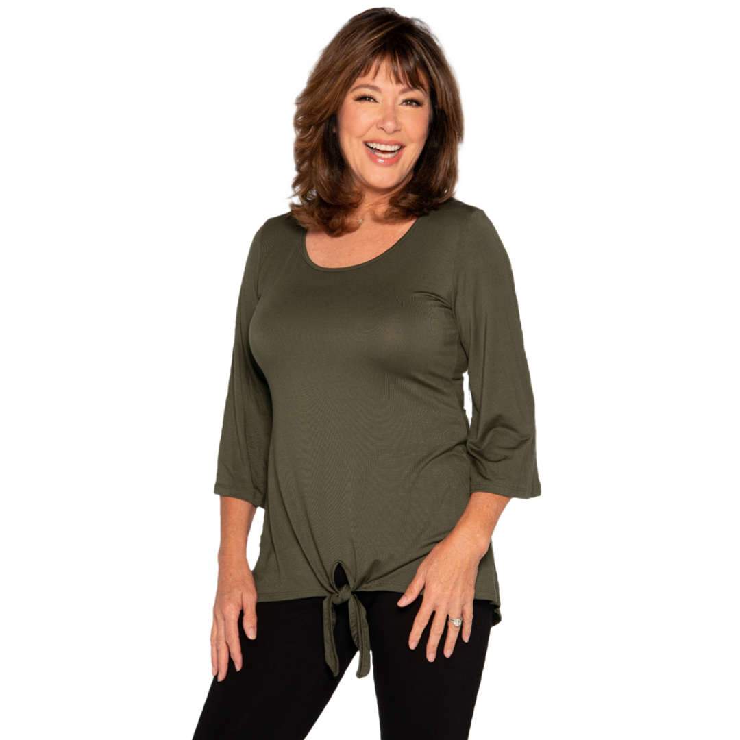 Olive women's top with featured knotted bottom