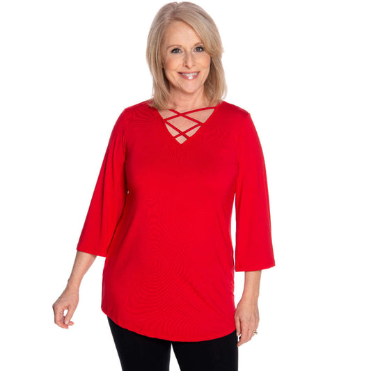 Red a-line women's top with featured criss cross neckline