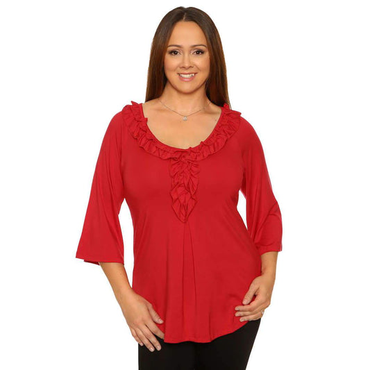 Red womens top with ruffled neckline