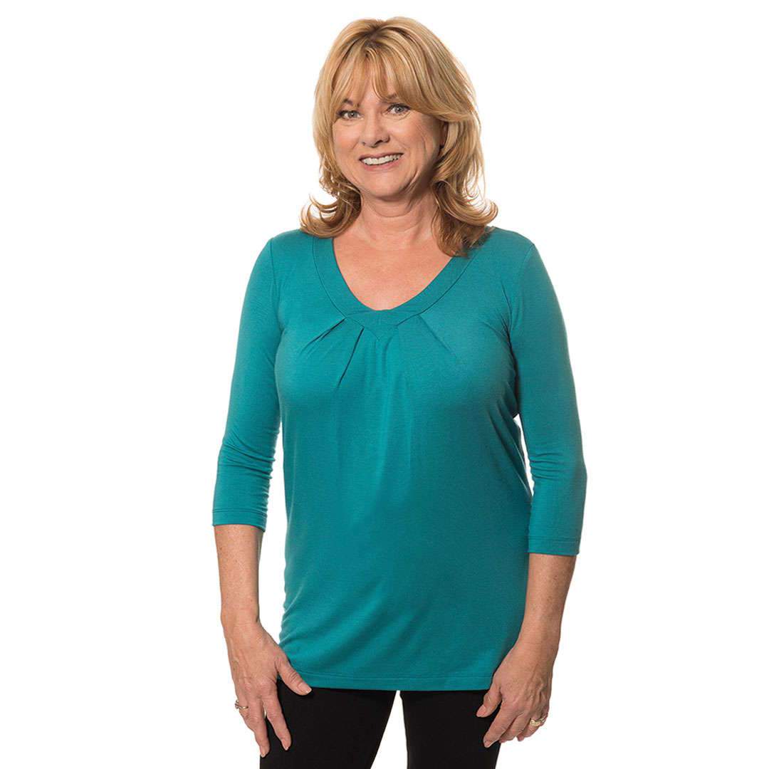 V-neck womens top with flattering pleats