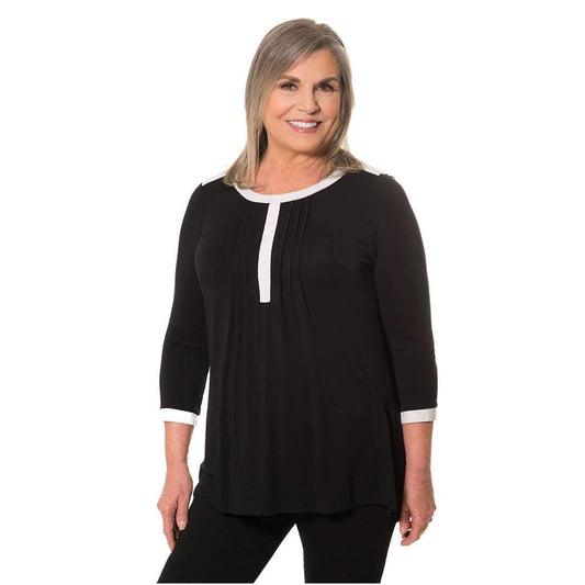 Black top with white piping women's top flattering pleating to hide your tummy