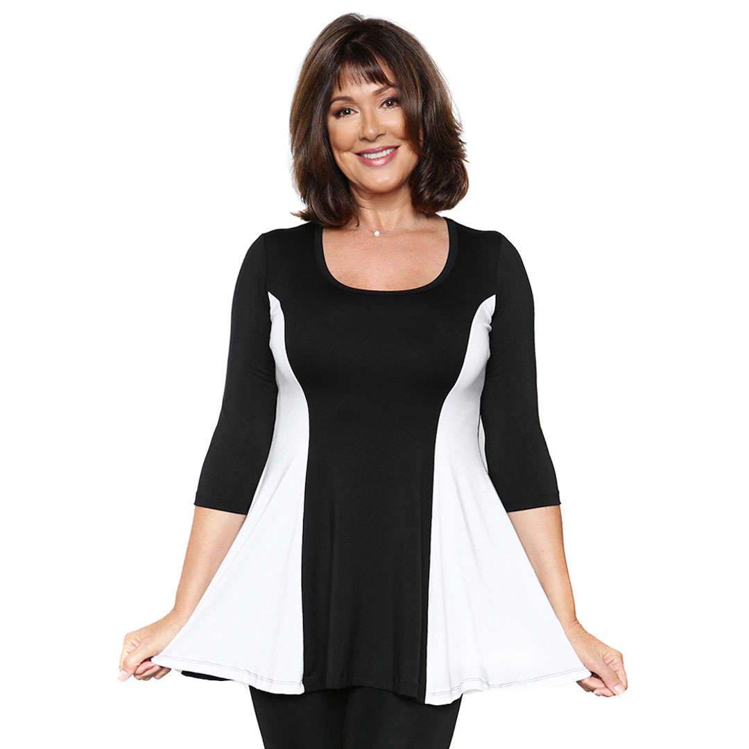 The fun and flirty fit and flare women's top in black and white combo
