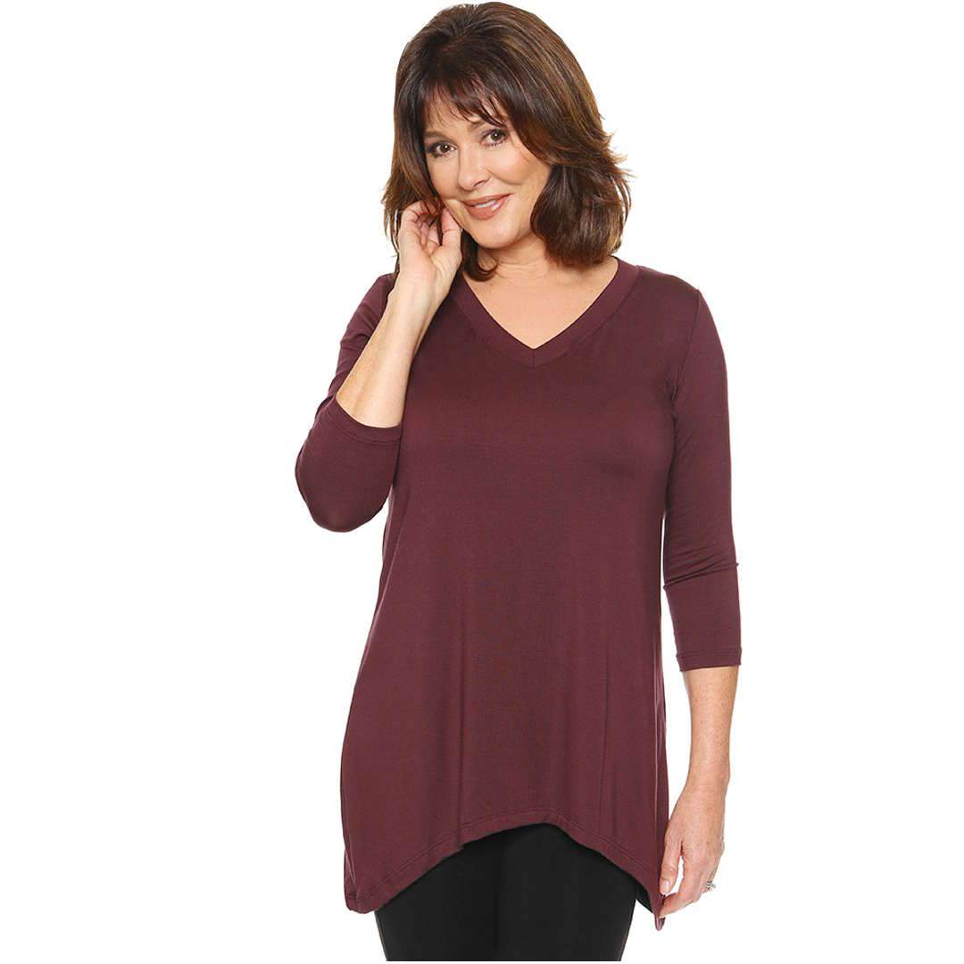 Wine women's top with v-neck and asymmetrical hemline